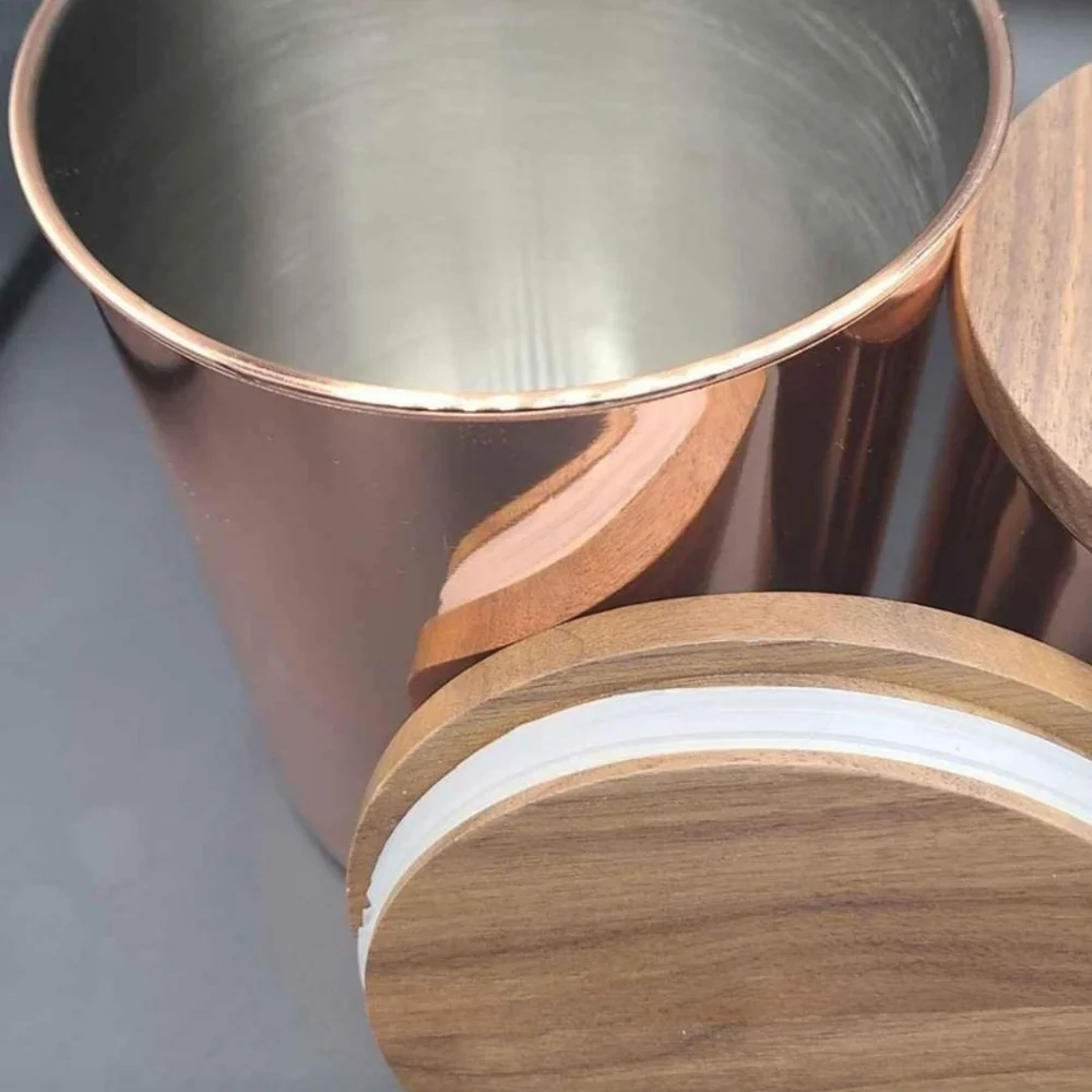 Martha Stewart 2 piece copper plated container set NEW heavy WALNUT LID - Picture 3 of 4